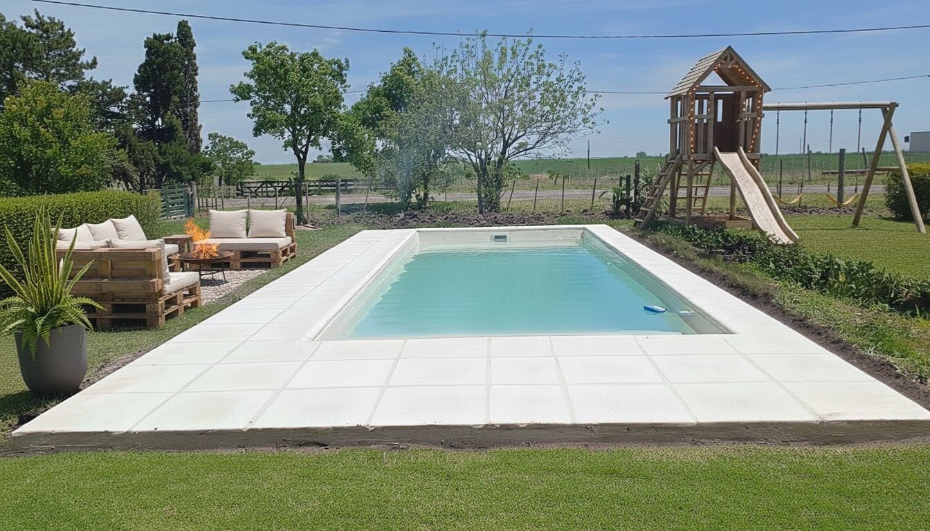 Piscina de fibra de vidrio Lagoon modelo 6300 instalada en el campo
