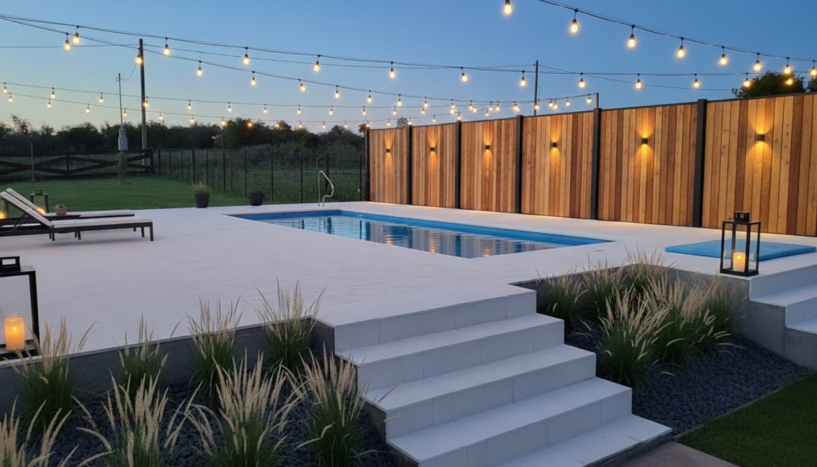 Piscina de fibra de vidrio Lagoon modelo 7350 iluminada de noche en el campo