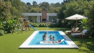 Piscina de fibra de vidrio Lagoon modelo 7530 (7,5x3 m) en su entorno